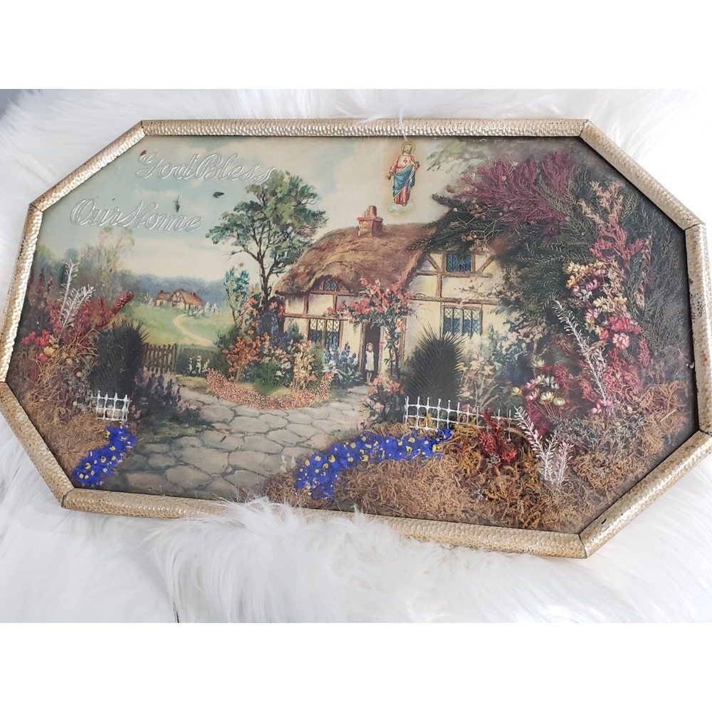 Antique God Bless Our Home Religious Bubble Glass Picture Dried Flowers 1st Home